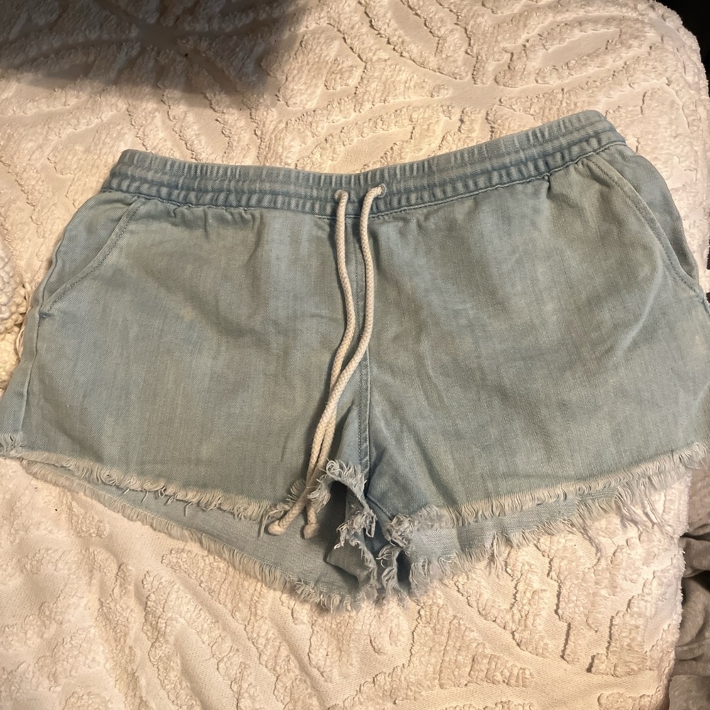 Aerie Blue Jean Shorts with Relaxed Fit and Frayed Hem